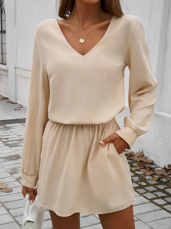 A-Line High Waisted Elasticity Pleated Solid Color V-Neck Mini Dresses - Image 9