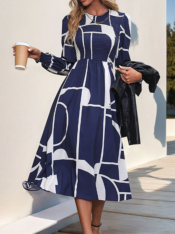 A-Line High Waisted Elasticity Printed Split-Joint Round-Neck Midi Dresses - Image 2