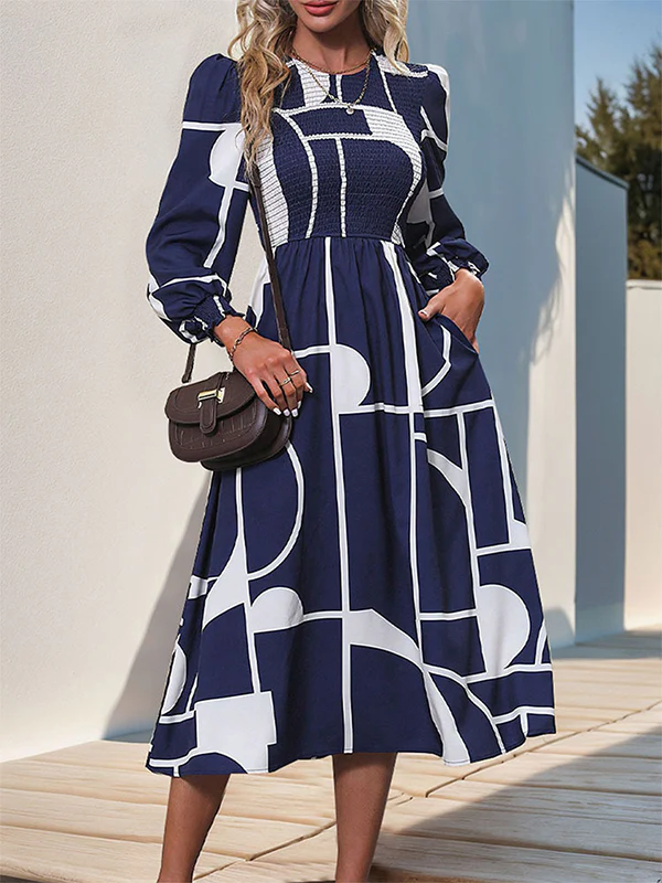 A-Line High Waisted Elasticity Printed Split-Joint Round-Neck Midi Dresses - Image 4