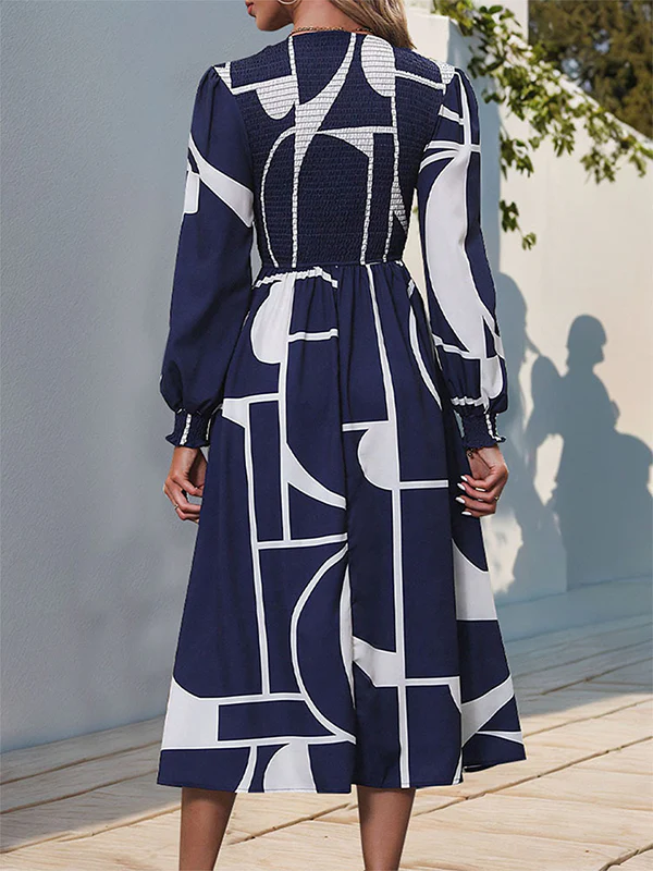 A-Line High Waisted Elasticity Printed Split-Joint Round-Neck Midi Dresses - Image 5