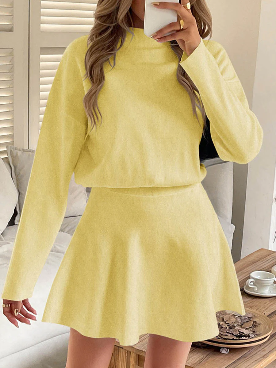 A-line High Waisted Elasticity Solid Color Round-neck Mini Dresses Sweater Dresses - Image 10