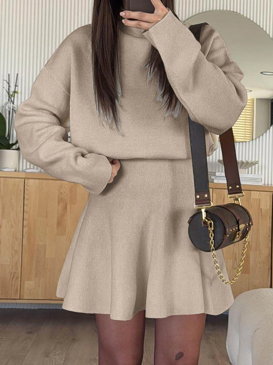A-line High Waisted Elasticity Solid Color Round-neck Mini Dresses Sweater Dresses - Image 11