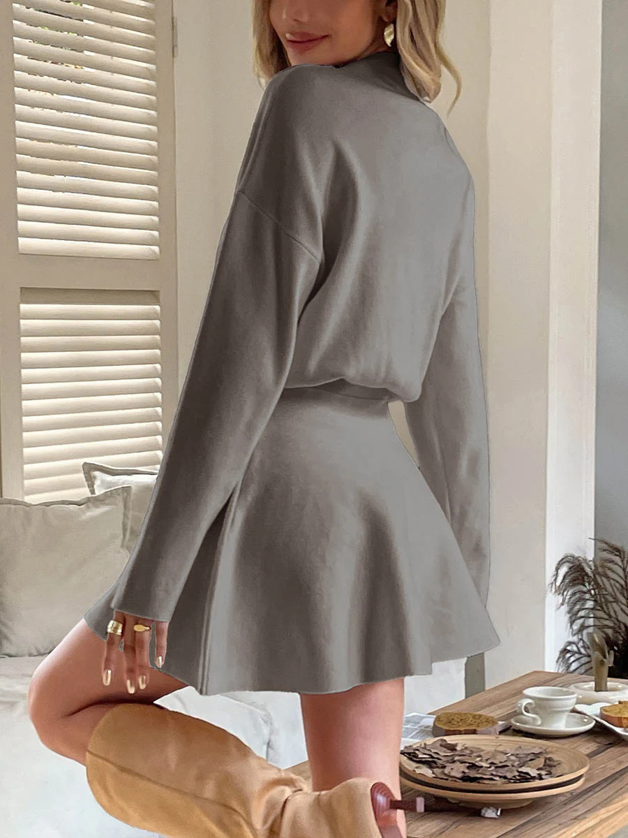 A-line High Waisted Elasticity Solid Color Round-neck Mini Dresses Sweater Dresses - Image 14