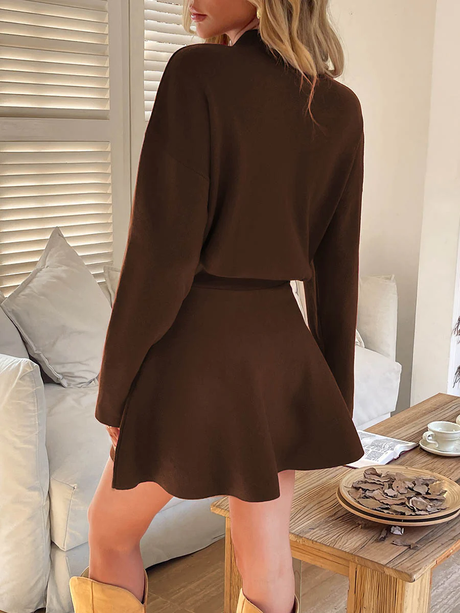 A-line High Waisted Elasticity Solid Color Round-neck Mini Dresses Sweater Dresses - Image 16