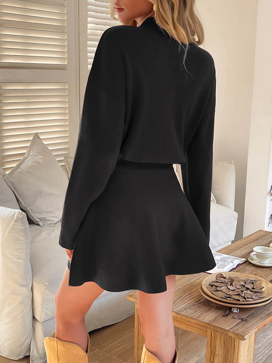 A-line High Waisted Elasticity Solid Color Round-neck Mini Dresses Sweater Dresses - Image 18