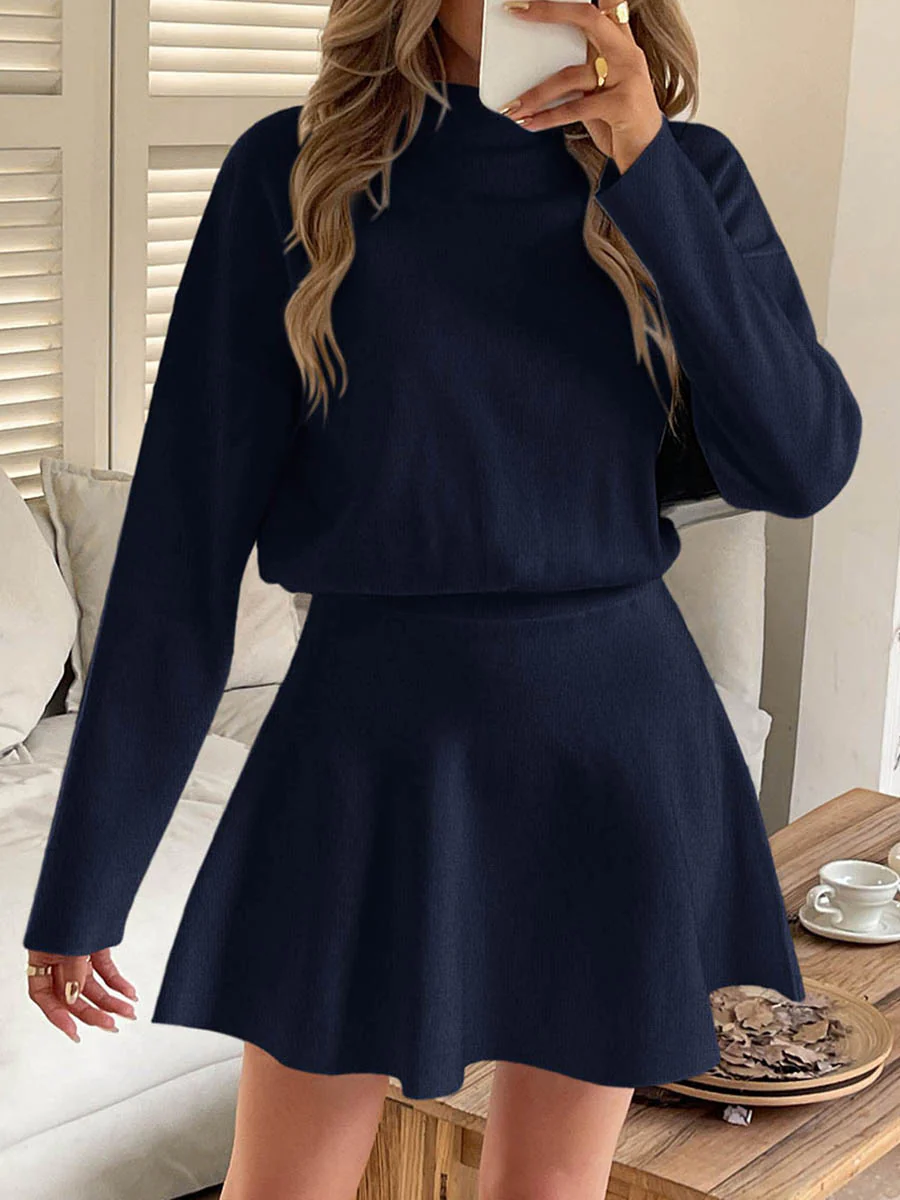 A-line High Waisted Elasticity Solid Color Round-neck Mini Dresses Sweater Dresses - Image 2