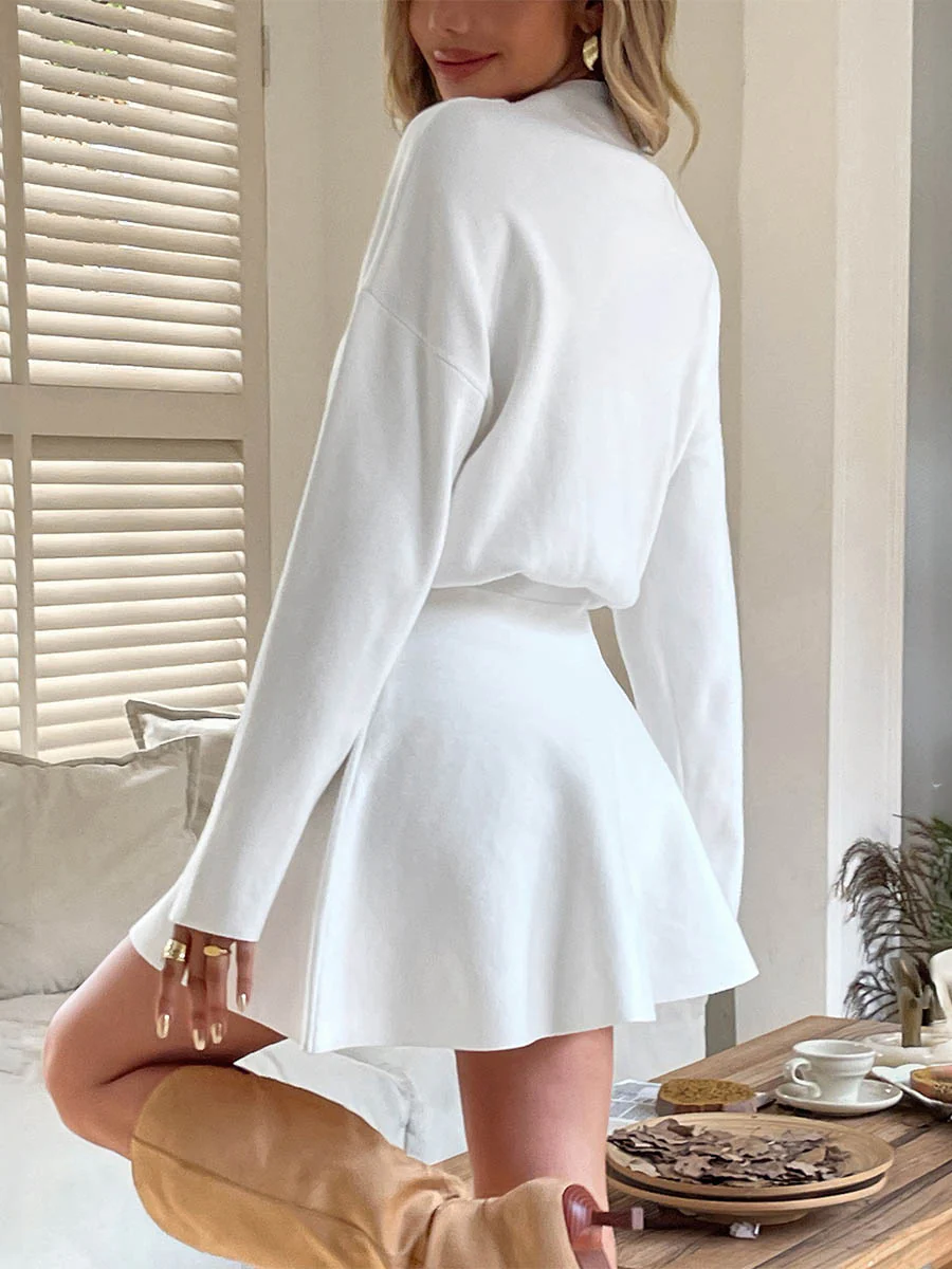 A-line High Waisted Elasticity Solid Color Round-neck Mini Dresses Sweater Dresses - Image 20