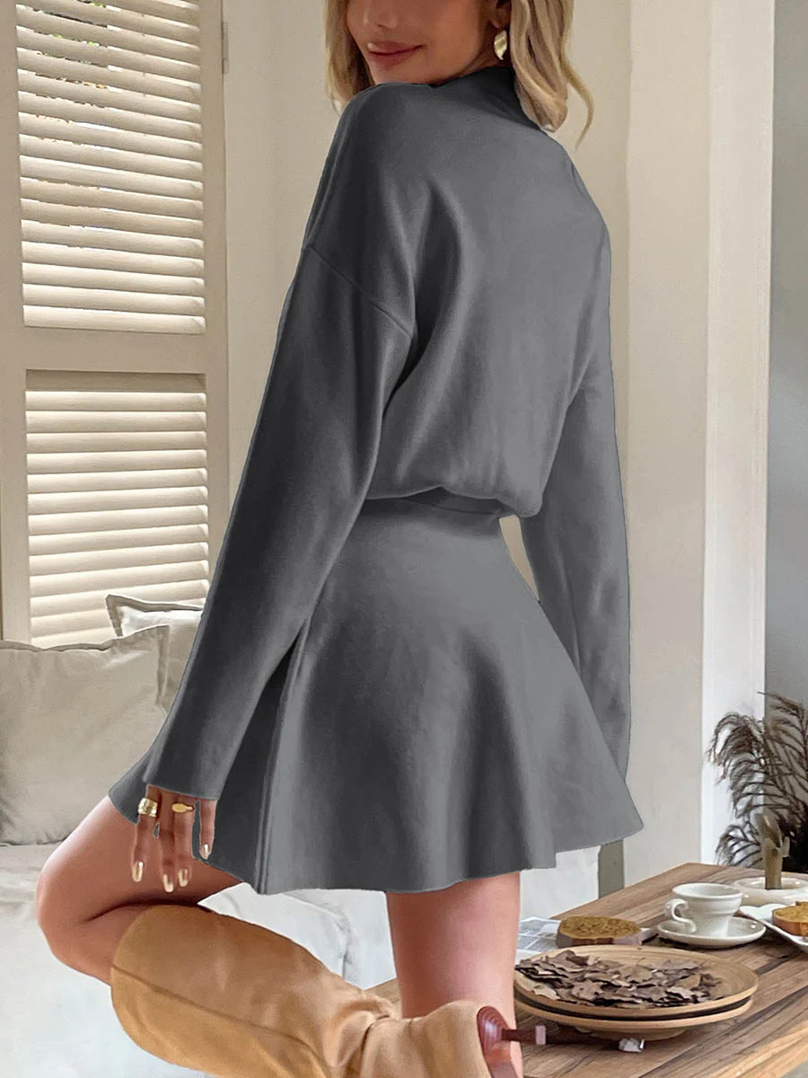 A-line High Waisted Elasticity Solid Color Round-neck Mini Dresses Sweater Dresses - Image 22