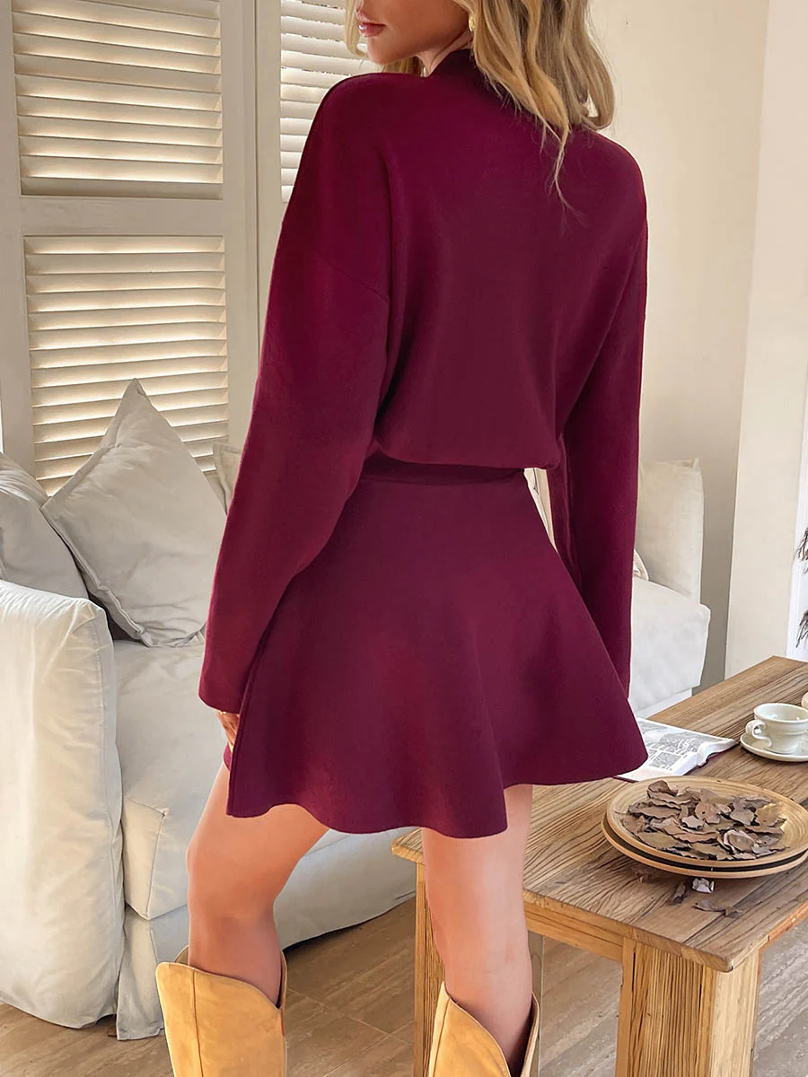 A-line High Waisted Elasticity Solid Color Round-neck Mini Dresses Sweater Dresses - Image 24