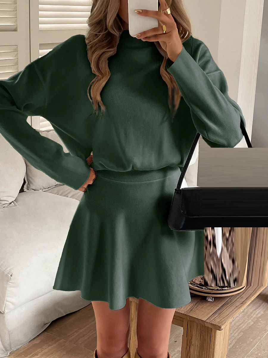 A-line High Waisted Elasticity Solid Color Round-neck Mini Dresses Sweater Dresses - Image 25