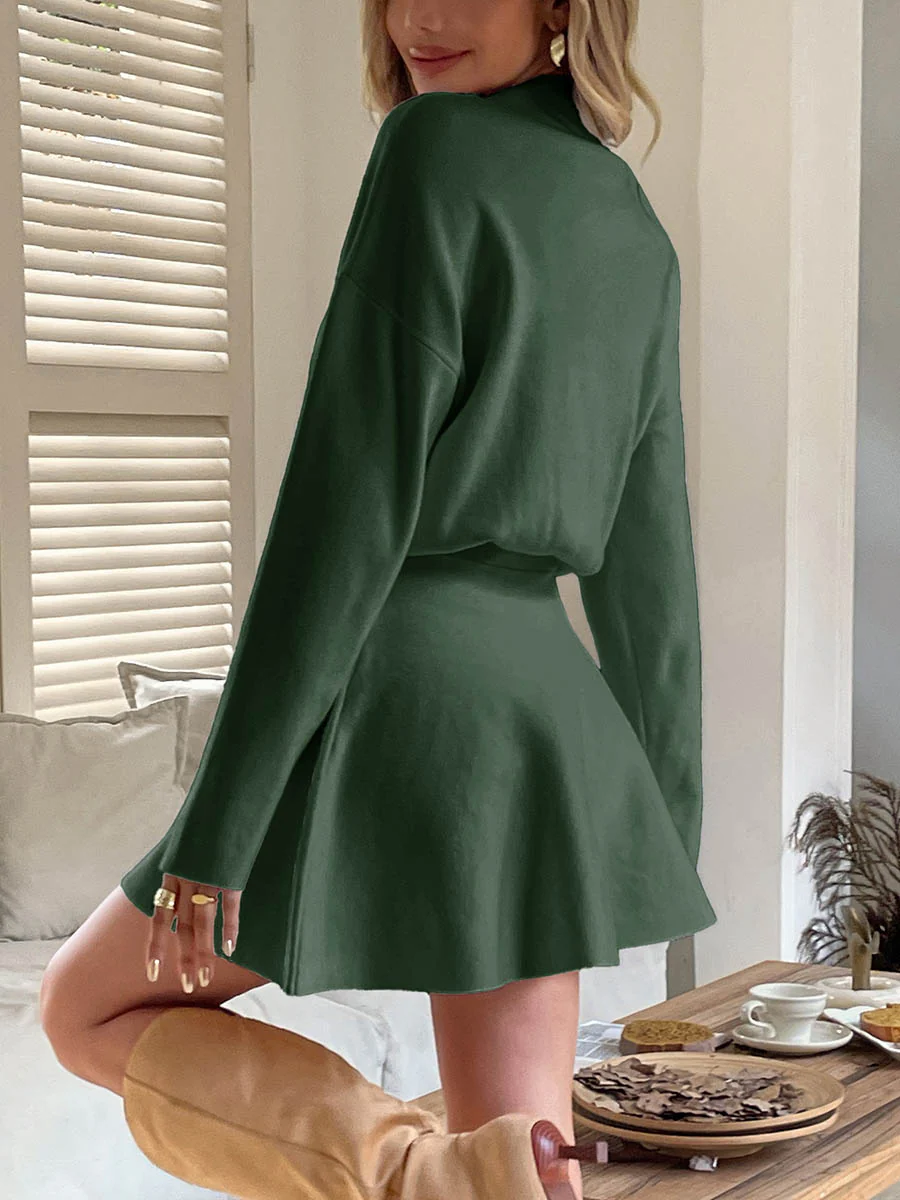 A-line High Waisted Elasticity Solid Color Round-neck Mini Dresses Sweater Dresses - Image 26