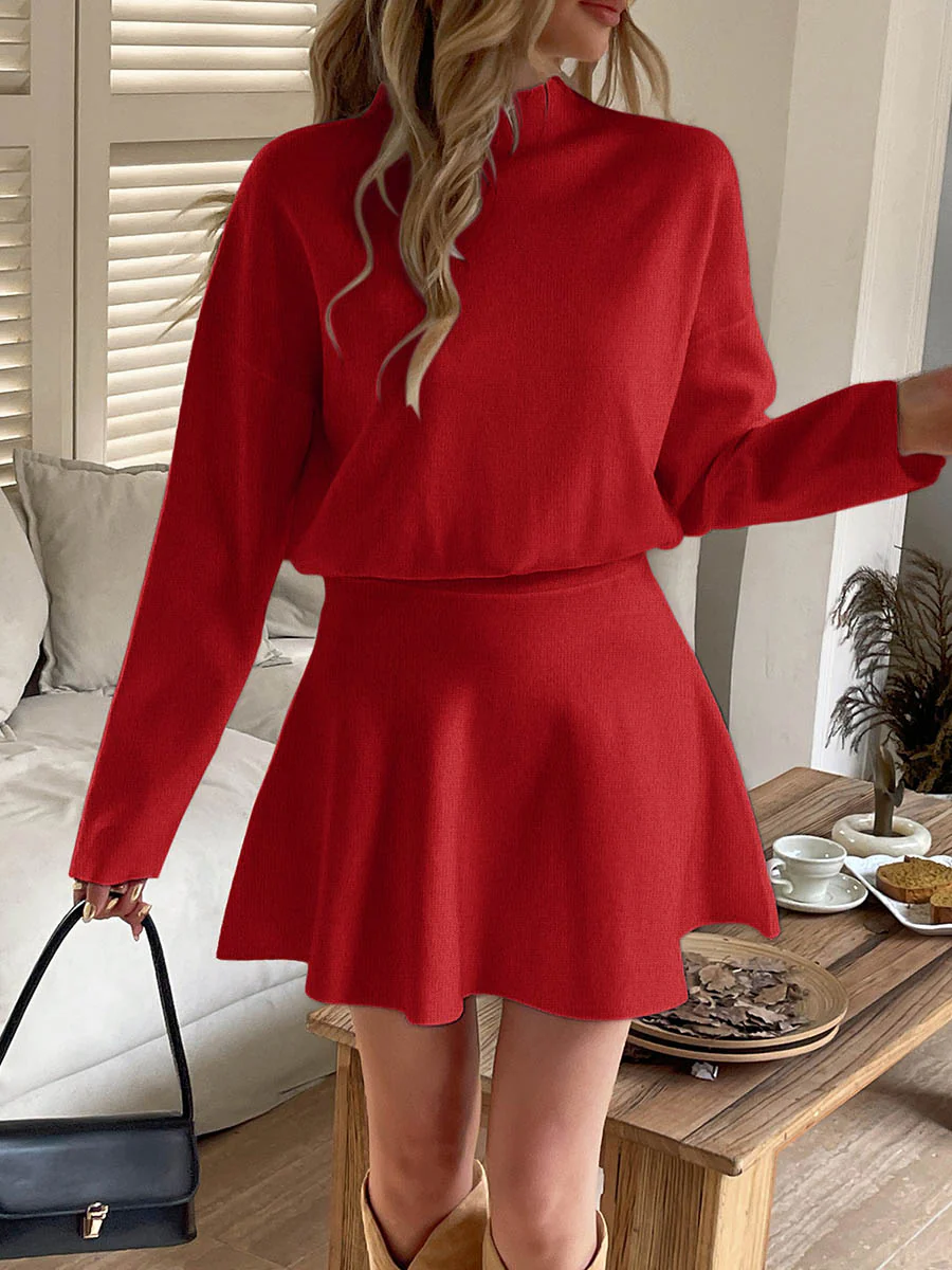 A-line High Waisted Elasticity Solid Color Round-neck Mini Dresses Sweater Dresses - Image 27