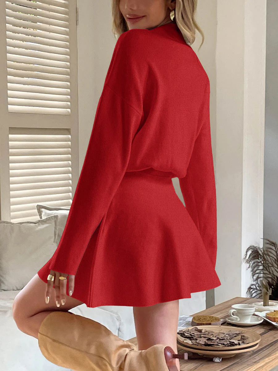 A-line High Waisted Elasticity Solid Color Round-neck Mini Dresses Sweater Dresses - Image 28