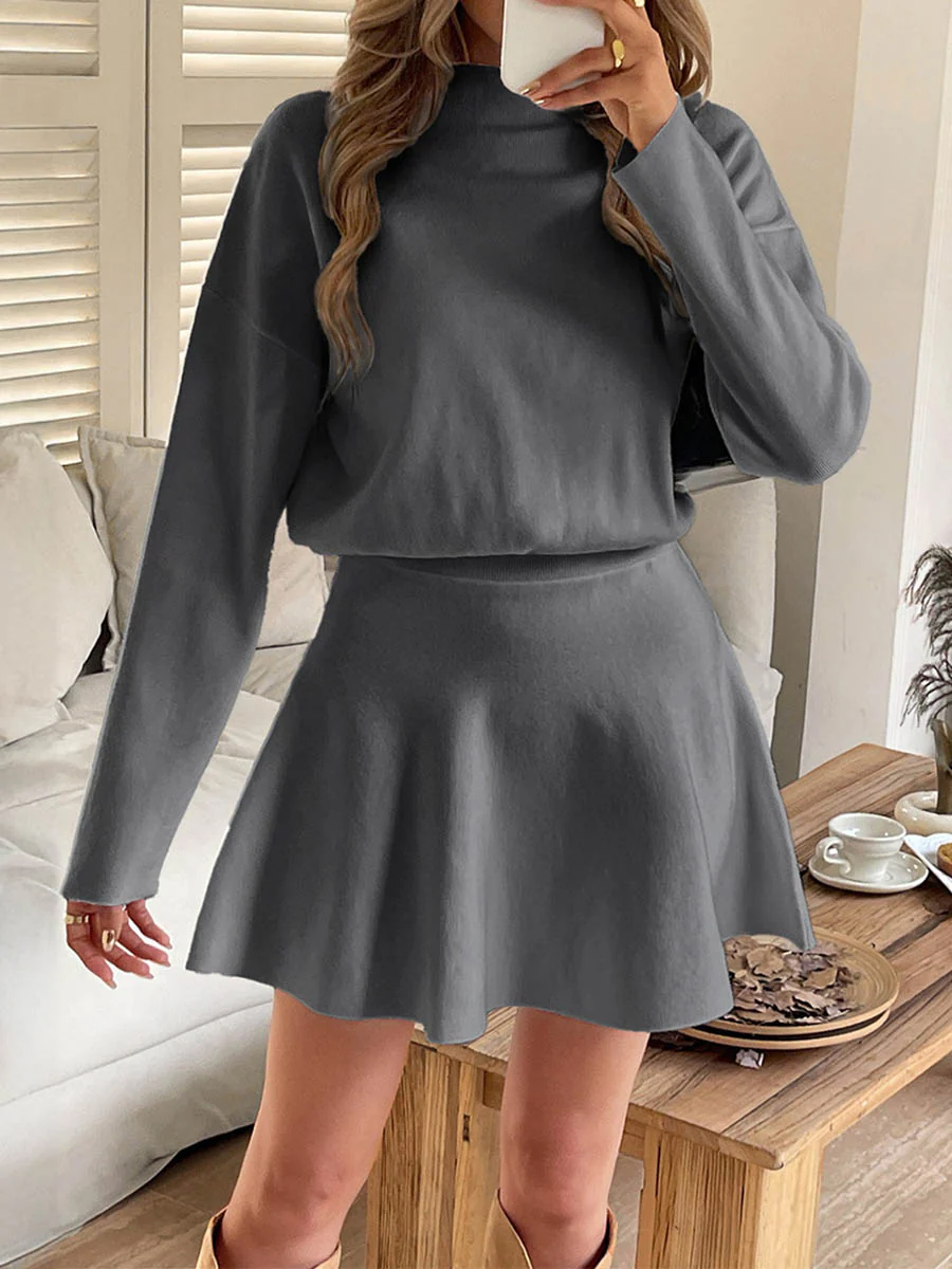A-line High Waisted Elasticity Solid Color Round-neck Mini Dresses Sweater Dresses - Image 3