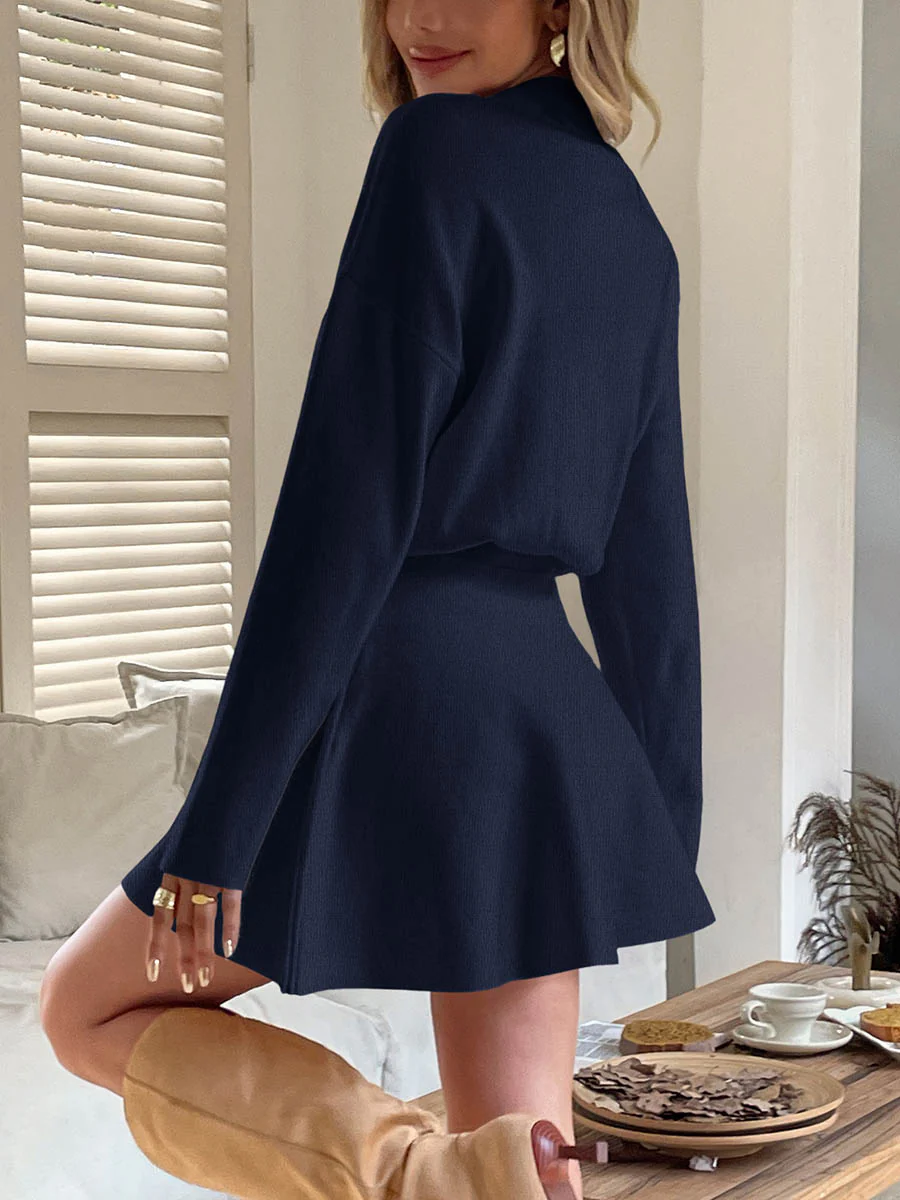 A-line High Waisted Elasticity Solid Color Round-neck Mini Dresses Sweater Dresses - Image 31