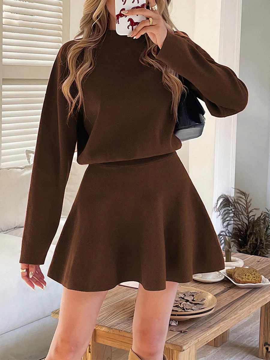 A-line High Waisted Elasticity Solid Color Round-neck Mini Dresses Sweater Dresses - Image 4