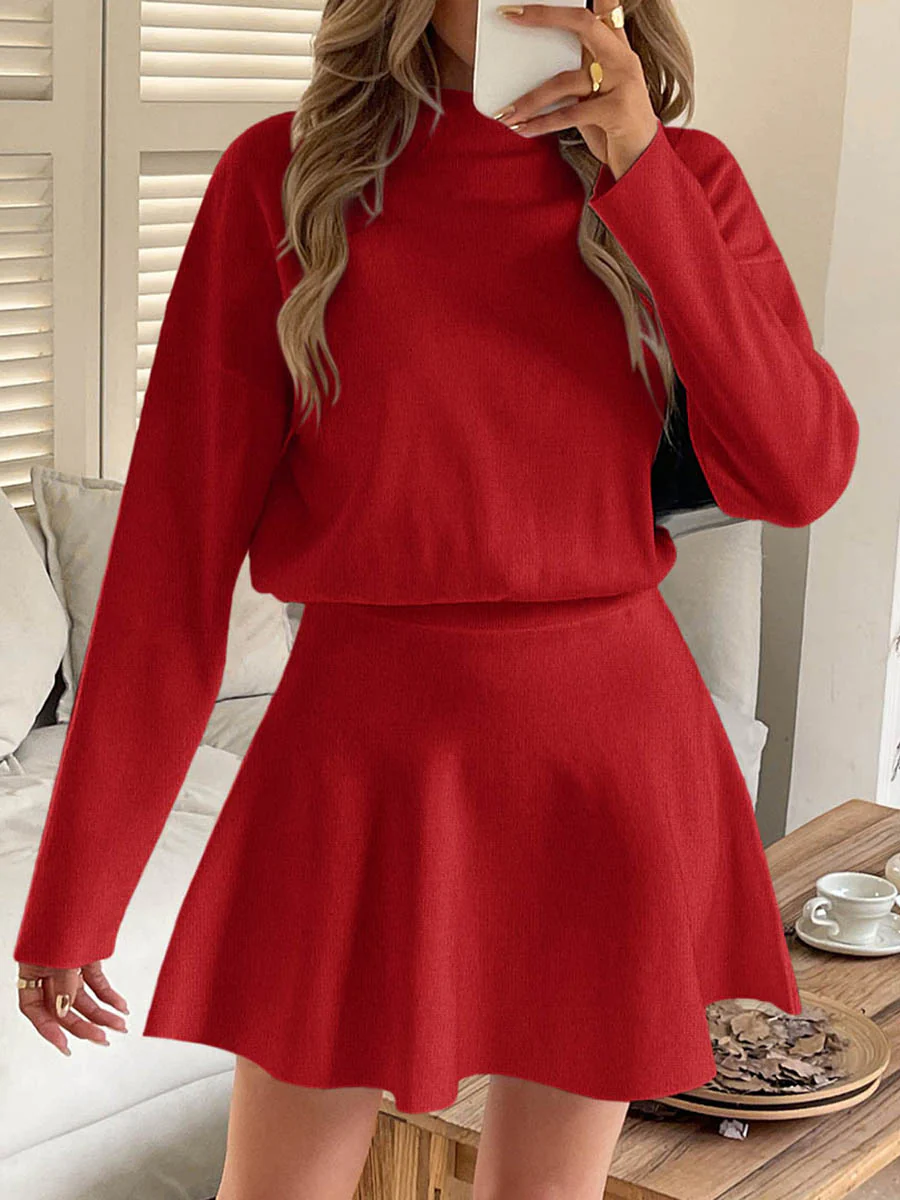 A-line High Waisted Elasticity Solid Color Round-neck Mini Dresses Sweater Dresses - Image 6