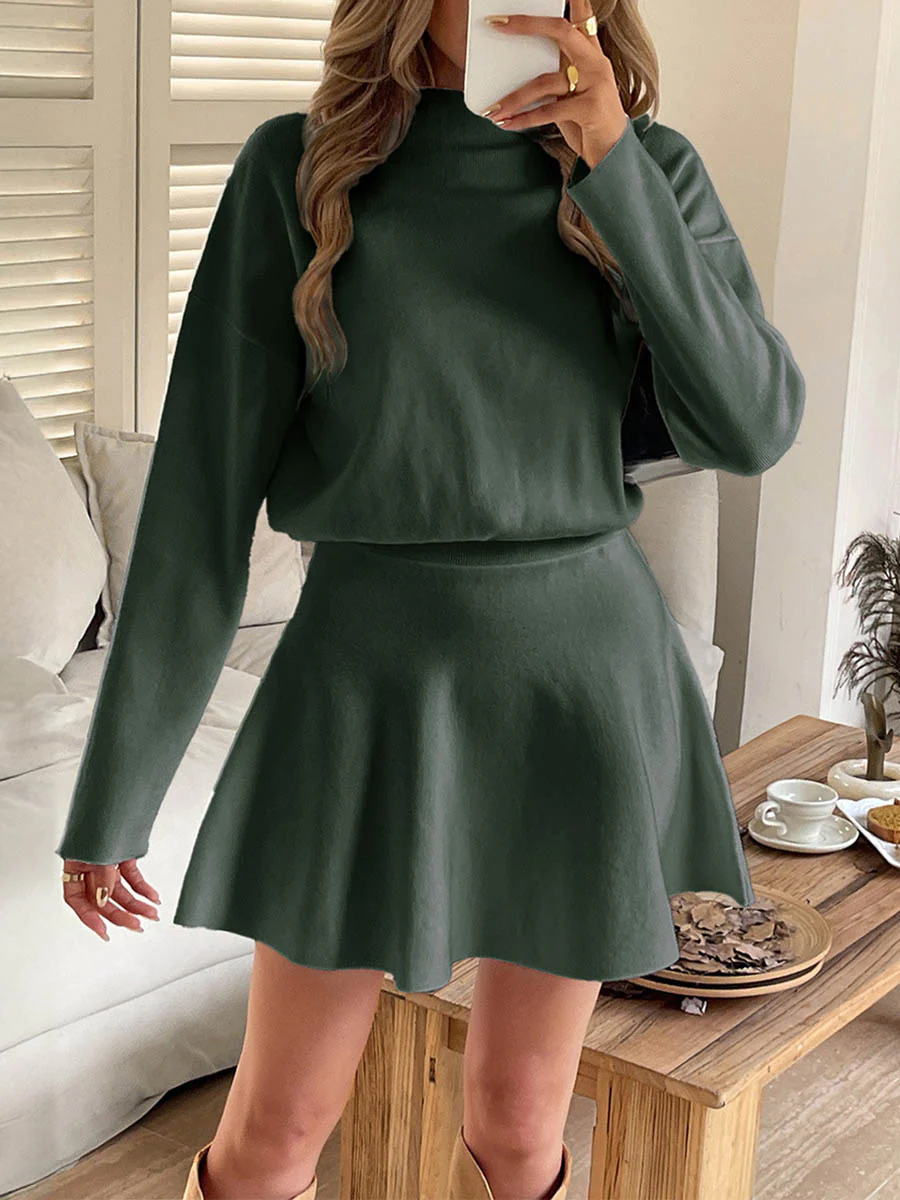 A-line High Waisted Elasticity Solid Color Round-neck Mini Dresses Sweater Dresses - Image 8