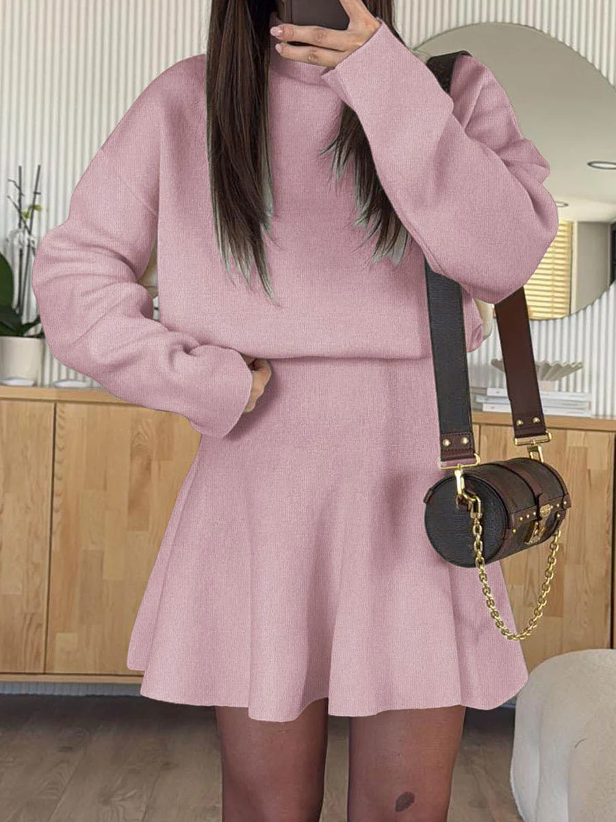 A-line High Waisted Elasticity Solid Color Round-neck Mini Dresses Sweater Dresses - Image 9