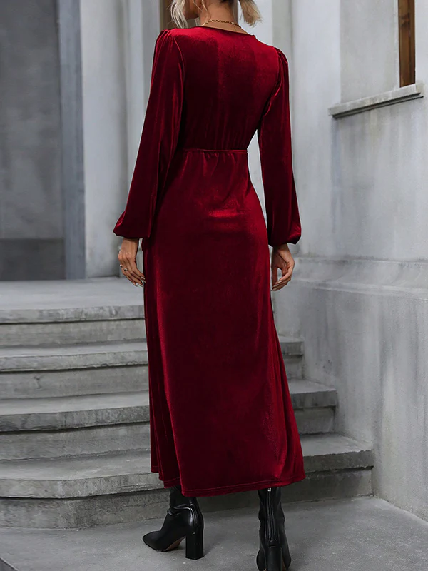 A-Line High Waisted Elasticity Solid Color Split-Front Split-Joint Tied Waist Velvet V-Neck Maxi Dresses - Image 6