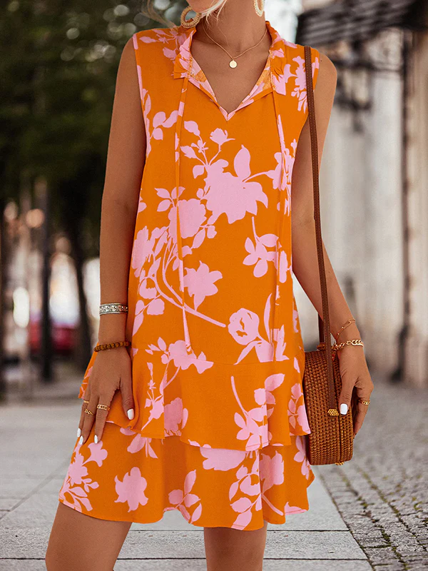 A-Line High Waisted Falbala Printed Split-Joint Tied Tiered V-Neck Mini Dresses - Image 5