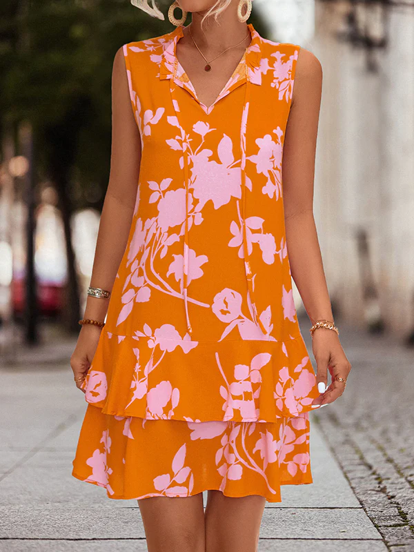 A-Line High Waisted Falbala Printed Split-Joint Tied Tiered V-Neck Mini Dresses - Image 6