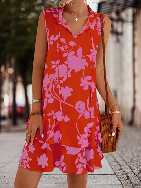 A-Line High Waisted Falbala Printed Split-Joint Tied Tiered V-Neck Mini Dresses - Image 9