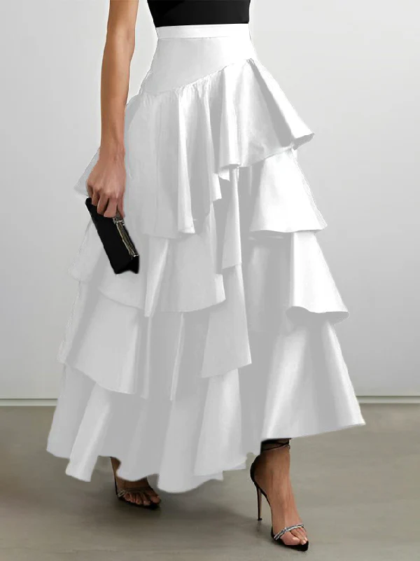 A-Line High Waisted Falbala Solid Color Long Skirts Skirts Bottoms - Image 3
