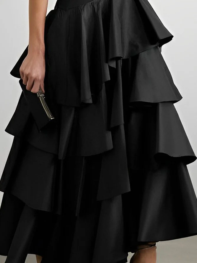 A-Line High Waisted Falbala Solid Color Long Skirts Skirts Bottoms - Image 5