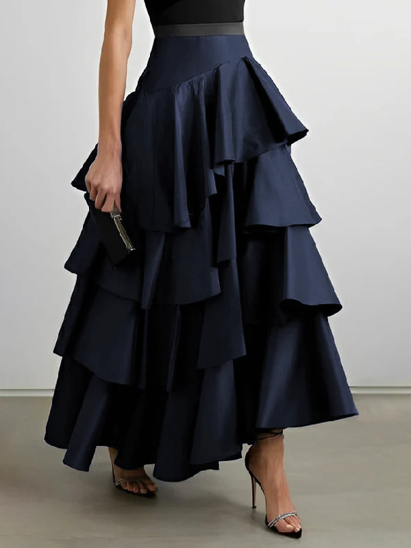 A-Line High Waisted Falbala Solid Color Long Skirts Skirts Bottoms - Image 6