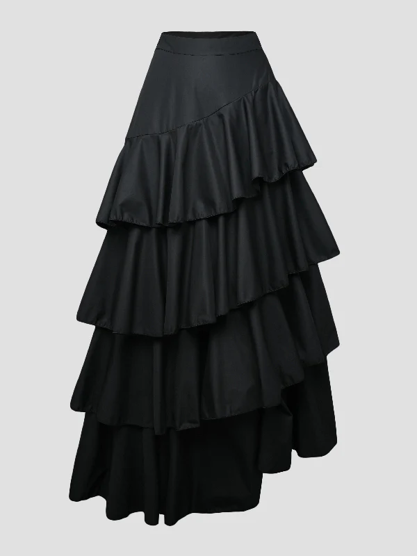 A-Line High Waisted Falbala Solid Color Long Skirts Skirts Bottoms - Image 7
