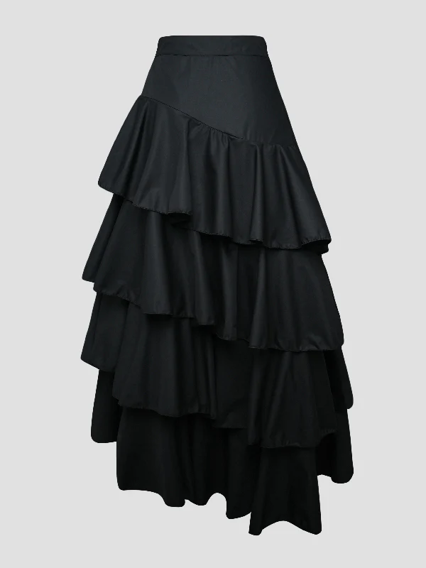 A-Line High Waisted Falbala Solid Color Long Skirts Skirts Bottoms - Image 9