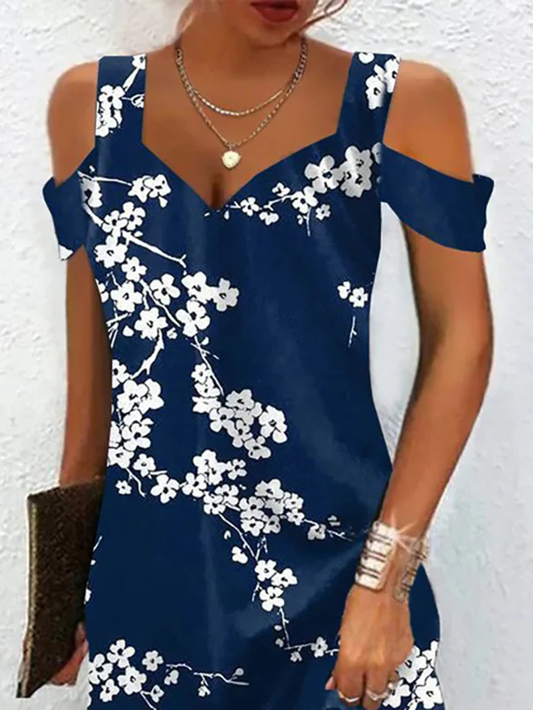 A-Line High Waisted Flower Print Hollow Cold Shoulder Mini Dresses - Image 2
