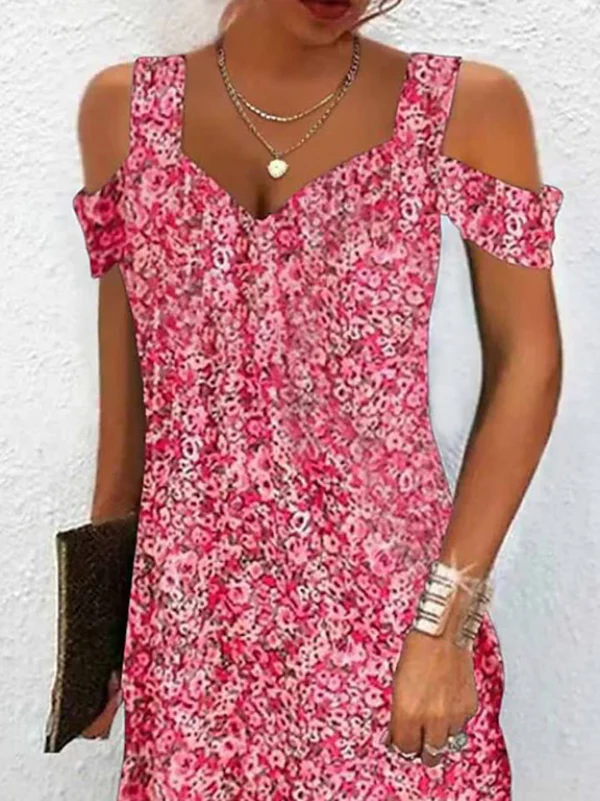 A-Line High Waisted Flower Print Hollow Cold Shoulder Mini Dresses - Image 2