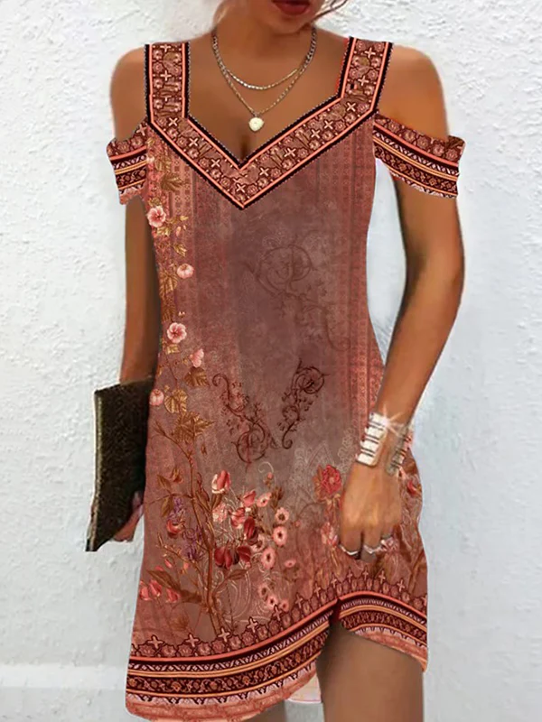 A-Line High Waisted Flower Print Hollow Cold Shoulder Mini Dresses - Image 2