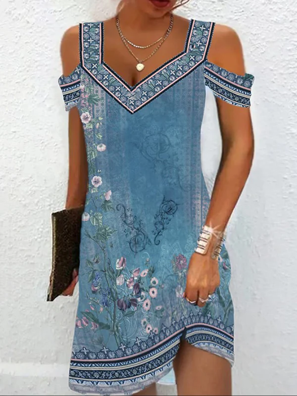A-Line High Waisted Flower Print Hollow Cold Shoulder Mini Dresses - Image 3