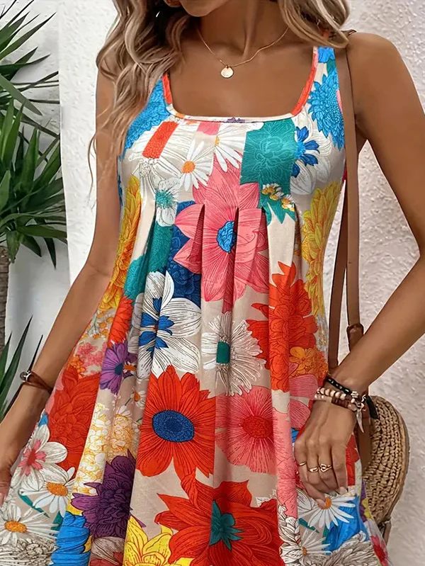 A-Line High Waisted Flower Print Pleated Round-Neck Mini Dresses - Image 2
