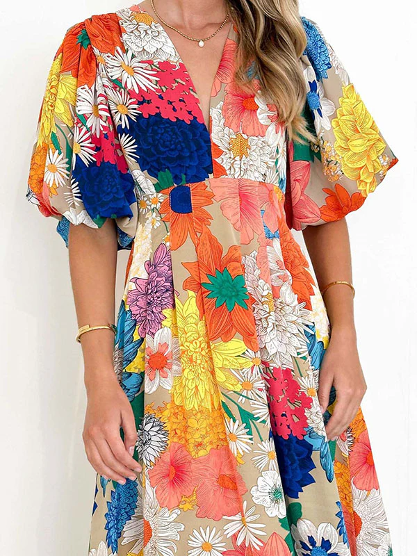 A-Line High Waisted Flower Print Pleated Split-Joint Zipper V-Neck Maxi Dresses - Image 2