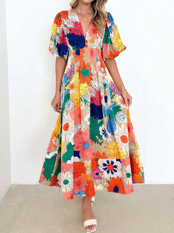 A-Line High Waisted Flower Print Pleated Split-Joint Zipper V-Neck Maxi Dresses - Image 3