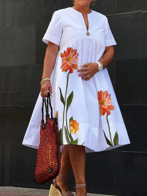 A-Line High Waisted Flower Print Pleated V-Neck Midi Dresses