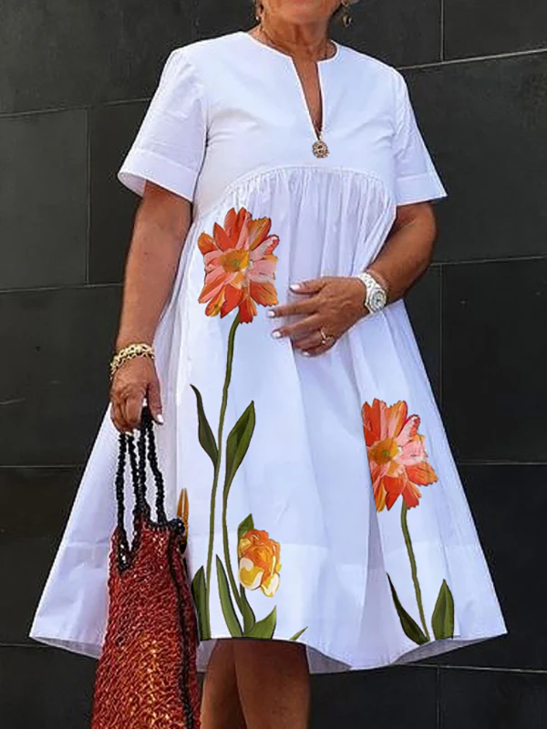 A-Line High Waisted Flower Print Pleated V-Neck Midi Dresses - Image 2