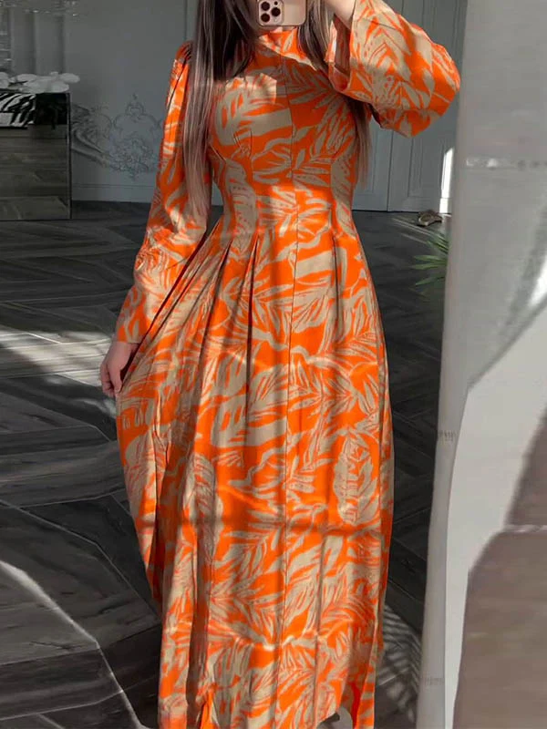 A-Line High Waisted Flower Print Pleated Zipper Mock Neck Maxi Dresses - Image 2