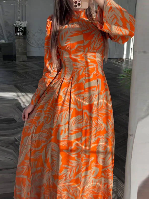 A-Line High Waisted Flower Print Pleated Zipper Mock Neck Maxi Dresses - Image 3