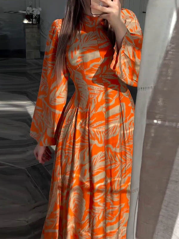 A-Line High Waisted Flower Print Pleated Zipper Mock Neck Maxi Dresses - Image 4