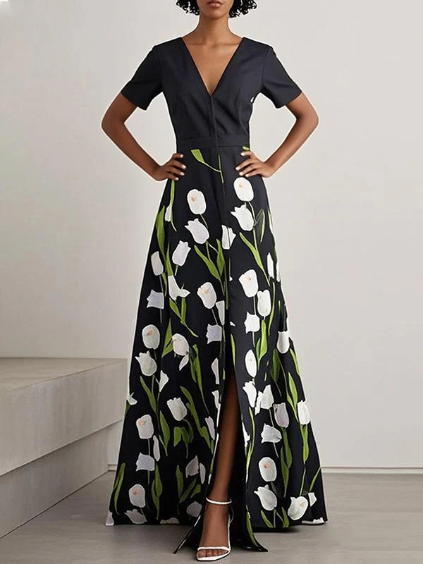 A-Line High Waisted Flower Print Split-Front V-Neck Maxi Dresses - Image 2