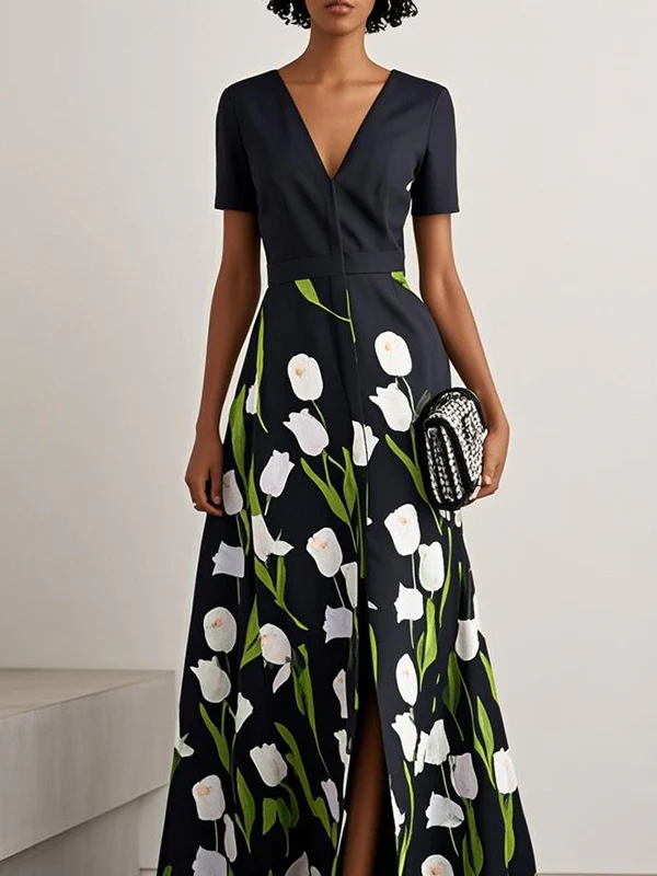 A-Line High Waisted Flower Print Split-Front V-Neck Maxi Dresses - Image 3
