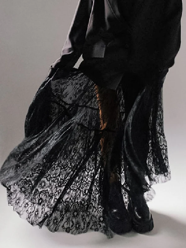 A-Line High Waisted Gauze Pleated See-Through Split-Joint Skirts