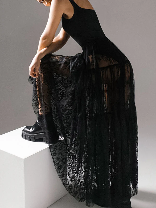 A-Line High Waisted Gauze Pleated See-Through Split-Joint Skirts - Image 4