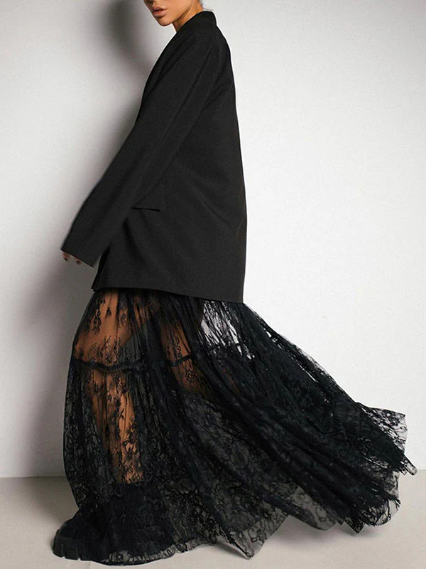 A-Line High Waisted Gauze Pleated See-Through Split-Joint Skirts - Image 5