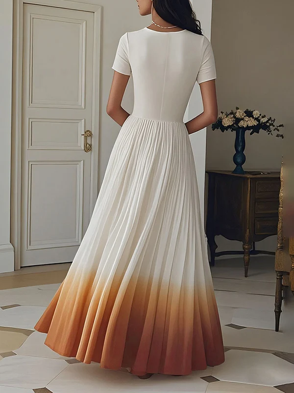 A-Line High Waisted Gradient Pleated Zipper V-Neck Maxi Dresses - Image 2